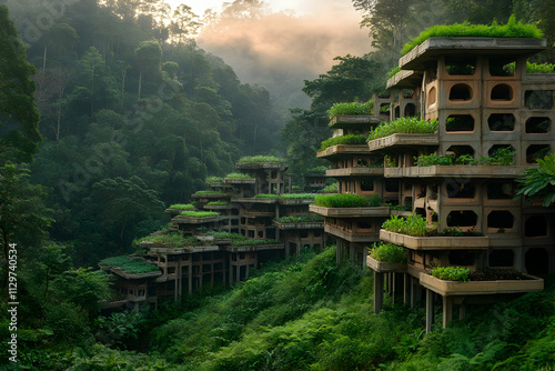 Overgrown, abandoned concrete structures on a hillside, lush vegetation reclaiming the buildings.