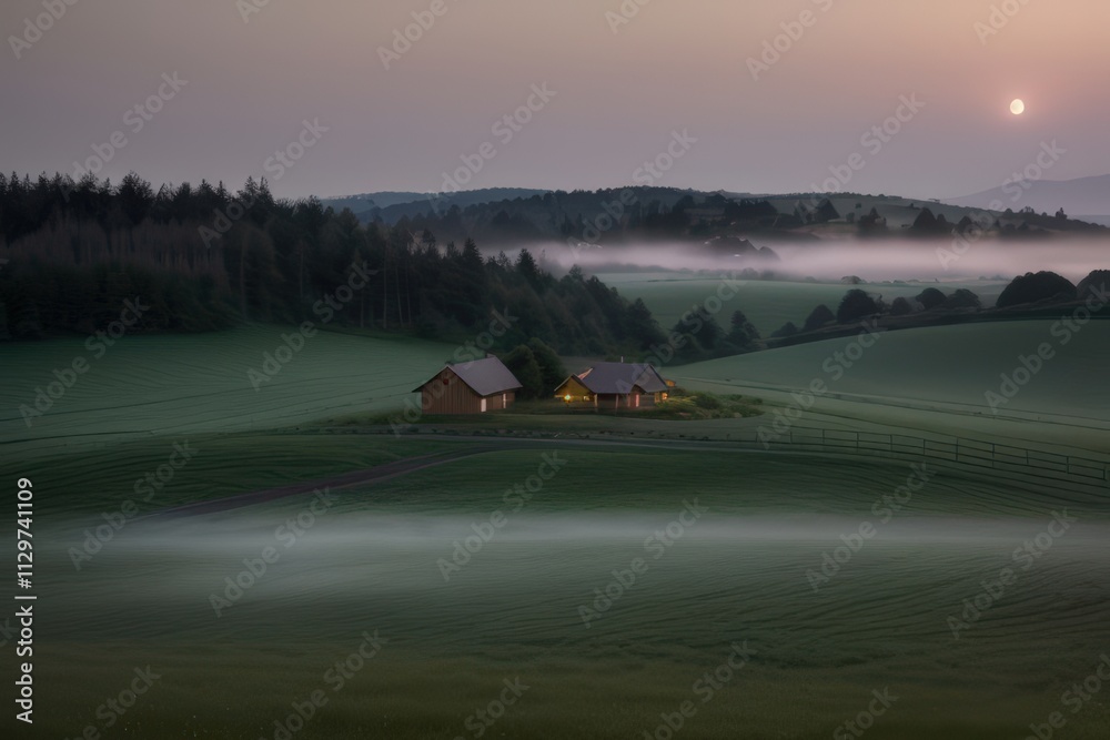 Fototapeta premium Misty Morning Serenity: Secluded Cabins in the Rolling Hills