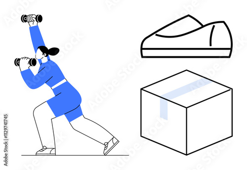 Woman lifting dumbbells in a lunge position, sneaker outline, and cardboard box. Ideal for fitness, online shopping, delivery services, retail marketing, health campaigns, home workouts, e-commerce