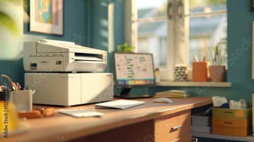 Workstation: A fully equipped desk or space with a computer, printer, and stationery, providing everything needed to perform tasks effectively and stay organized.
 photo