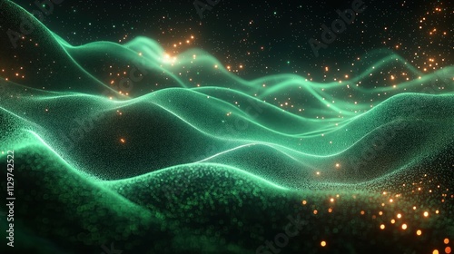 Abstract digital waves form eco tech background. Soft glowing green lines create futuristic design. Dynamic abstract pattern shows digital data. Future concept with vibrant green hues. Modern tech photo