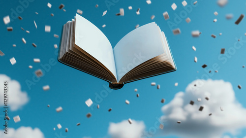 An open book magically floats in the sky, surrounded by confetti, other books and clouds.