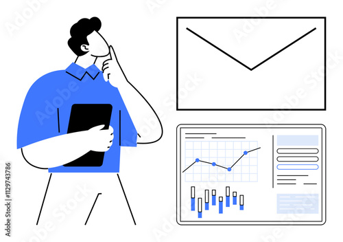 Man holding a tablet pensively while looking at email icon and data analysis charts with graphs. Ideal for business strategy, email marketing, analytics, data presentation, digital marketing