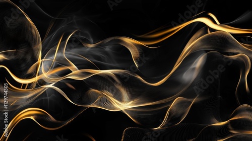 Create an abstract black and gold background with thin, twisting golden lines that intersect and overlap