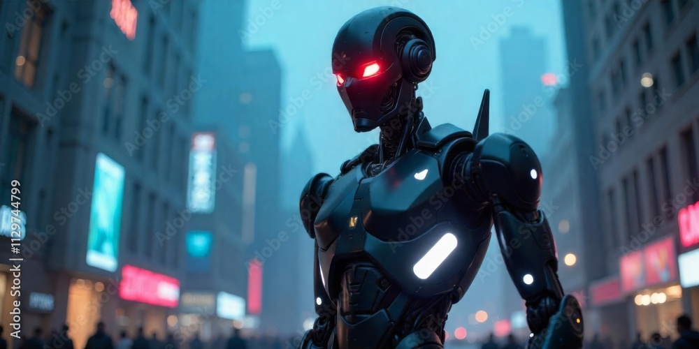 Futuristic robot stands confidently in a bustling urban setting at twilight, showcasing advanced technology and design Futuristic robot stands confidently in a bustling urban setting at twilight, showcasing advanced technology and design
