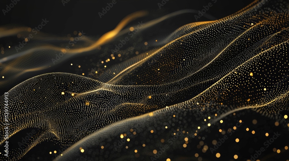Design a wavy black background with delicate gold particles forming abstract patterns, conveying an aura of sophistication and luxury Design a wavy black background with delicate gold particles forming abstract patterns, conveying an aura of sophistication and luxury