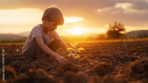 A young boy planting a sapling in a field at sunset, symbolizing growth, care, and connection with nature.