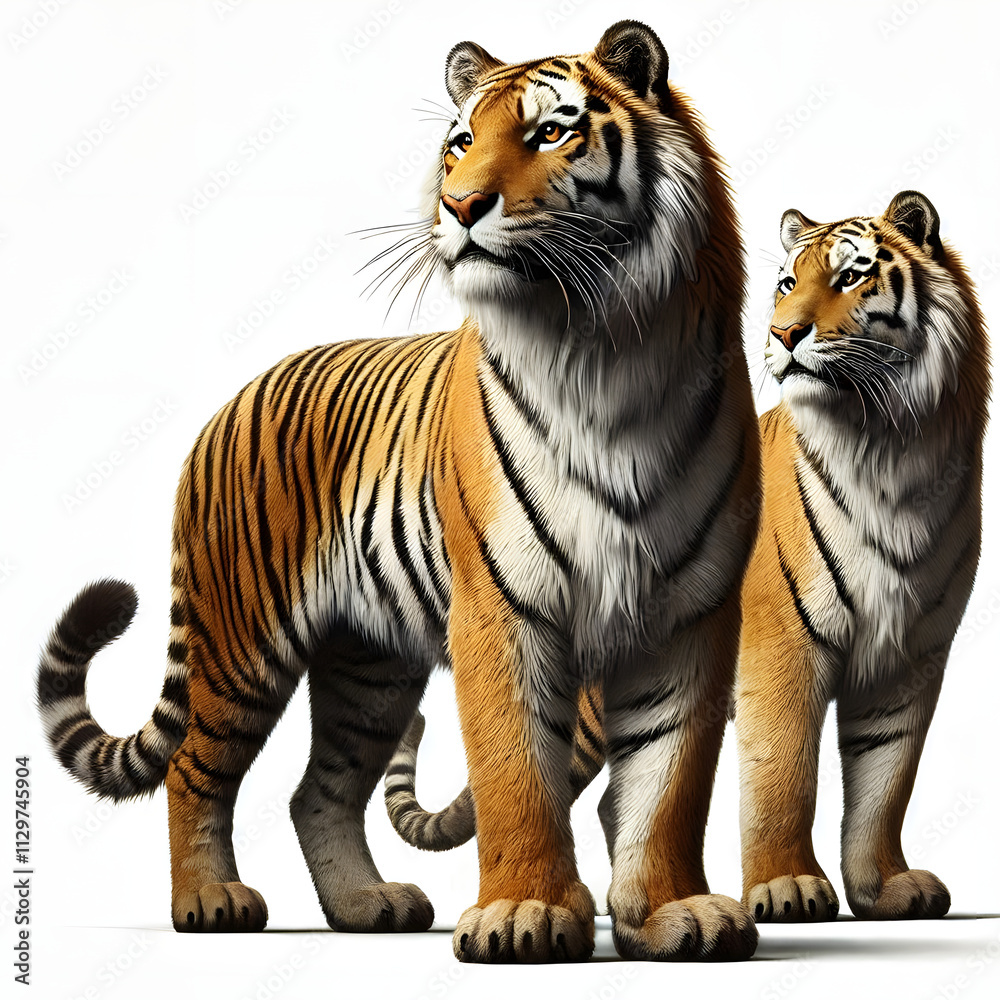Obraz premium Two male femail Tiger looking hunt isolated on a white background, Side view, tiger standing full HD image generated by Ai. full body, realistic, full detail looking at the camera.