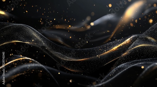 Generate a sleek black backdrop with thin, winding golden threads and scattered shimmering light particles