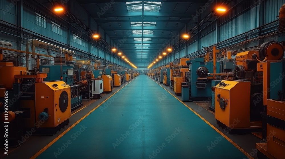 Empty factory floor stretches out under bright lights. Rows of machinery line either side. Industrial setting. Modern manufacturing space. Potential use in tech articles factory tour content.
