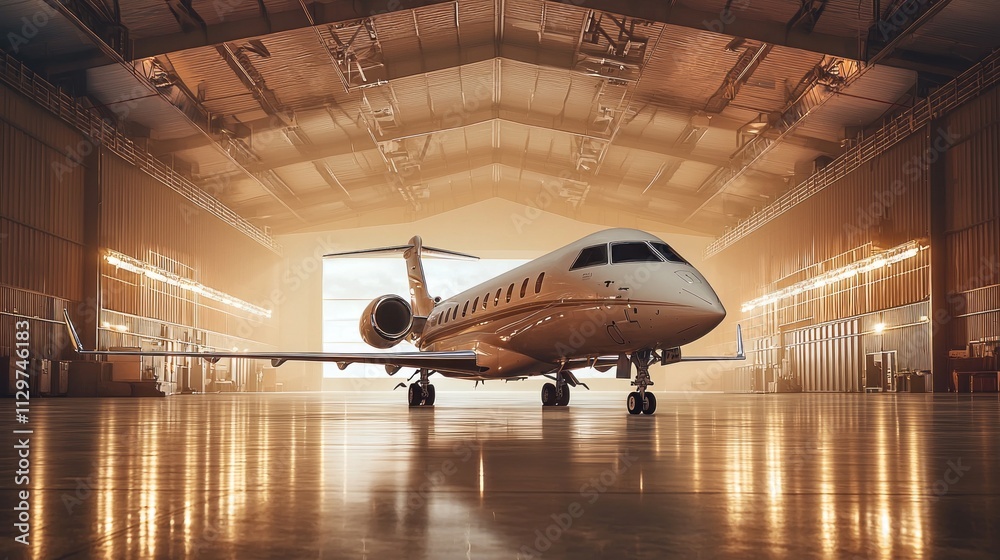 A striking white passenger airplane stands majestically within a spacious hangar, bathed in warm, inviting light that highlights its sleek design A striking white passenger airplane stands majestically within a spacious hangar, bathed in warm, inviting light that highlights its sleek design