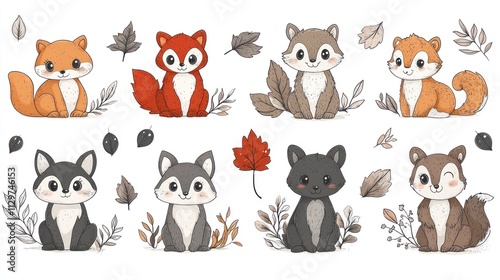 Eight adorable cartoon foxes and wolves sitting amidst autumn leaves.