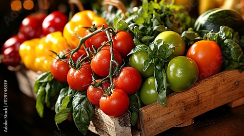 Fresh ripe tomatoes, peppers, and basil in a rustic wooden crate.