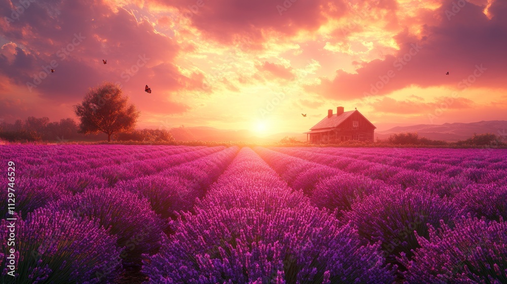 Sunset over Lavender Field with House Sunset over Lavender Field with House
