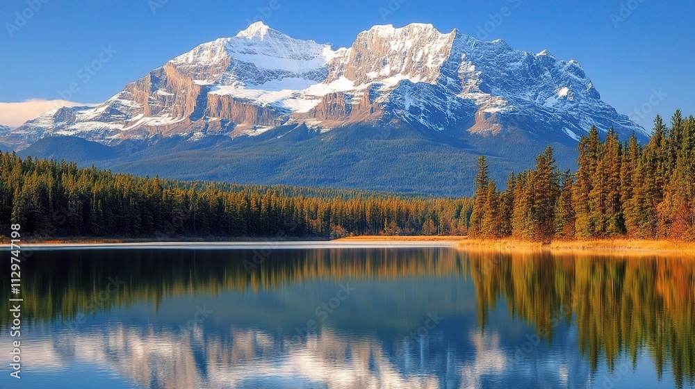 Majestic Snow-Capped Mountain Peaks Reflected in Clear Lake Majestic Snow-Capped Mountain Peaks Reflected in Clear Lake