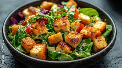 Close-Up of a Delicious Salad with Croutons