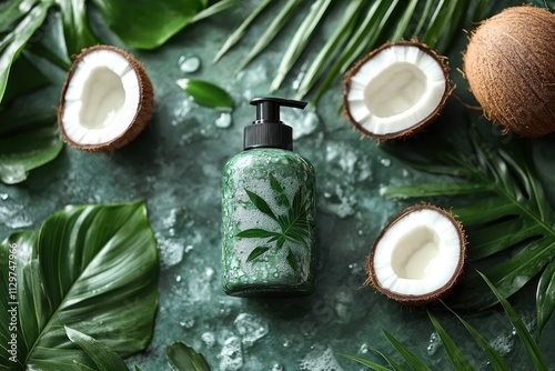 Coconut Body Wash Bottle and Coconuts