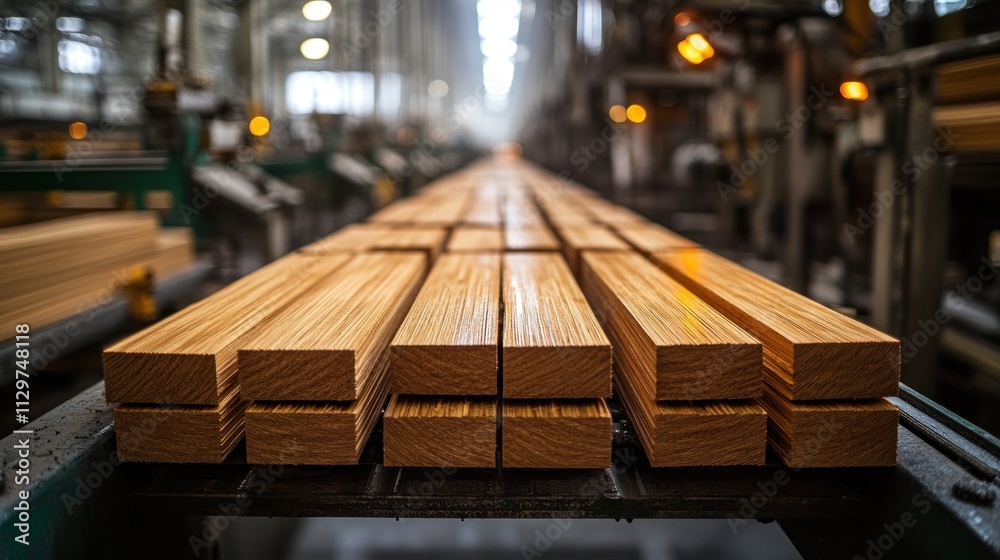 Wood planks on a conveyor belt in a factory Wood planks on a conveyor belt in a factory