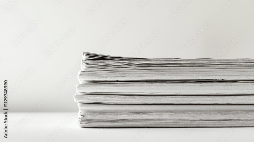 A high angle shot of a neatly arranged stack of newspapers on a white background, showcasing crisp textures and fine details of the paper, in soft natural daylight with slight shadows A high angle shot of a neatly arranged stack of newspapers on a white background, showcasing crisp textures and fine details of the paper, in soft natural daylight with slight shadows