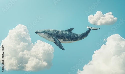 A whimsical scene of a whale gracefully swimming through a sky filled with fluffy clouds, combining elements of ocean and air in a surreal landscape.