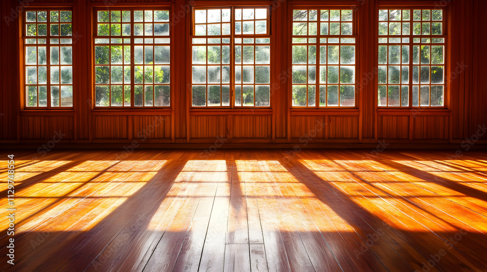 Sunlight streams through large windows in an empty wooden room, casting long shadows on the polished floor. Sunlight streams through large windows in an empty wooden room, casting long shadows on the polished floor.