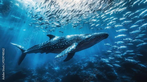 A majestic whale shark swims gracefully among a school of shimmering fish in deep blue waters, showcasing the beauty of marine life.