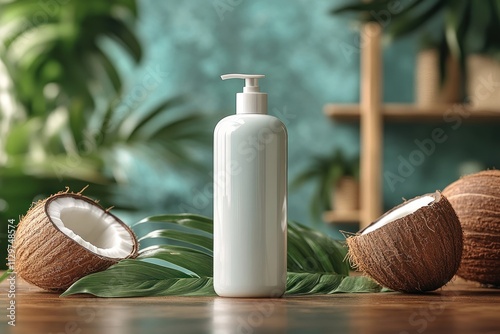 Coconut Lotion Bottle on Wooden Table with Tropical Leaves