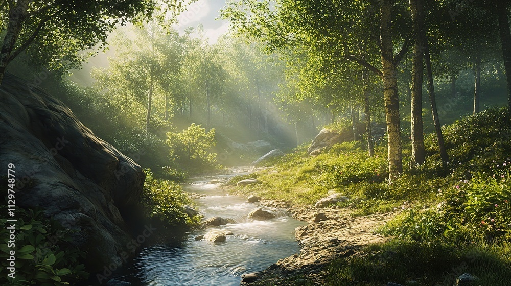 Serene Mountain Stream Bathed in Soft Morning Light Serene Mountain Stream Bathed in Soft Morning Light
