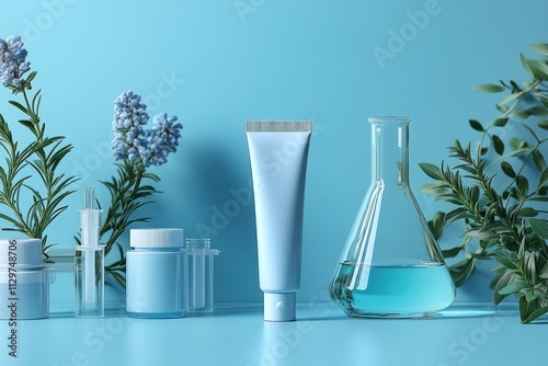 Blue Beauty Products: Natural Skincare and Beauty Products on Blue Background