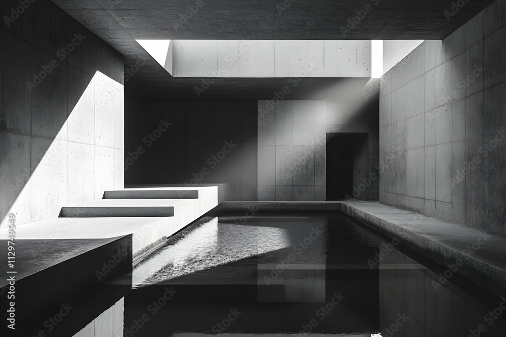 Fototapeta premium Sunlit minimalist concrete interior with reflecting pool.