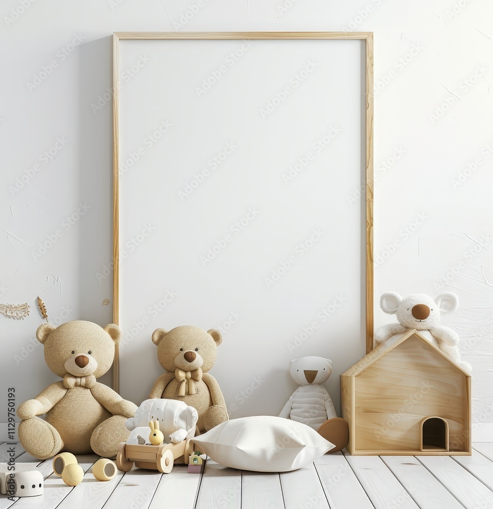 Blank white poster frame mockup in a nursery with toys and a wooden house Blank white poster frame mockup in a nursery with toys and a wooden house