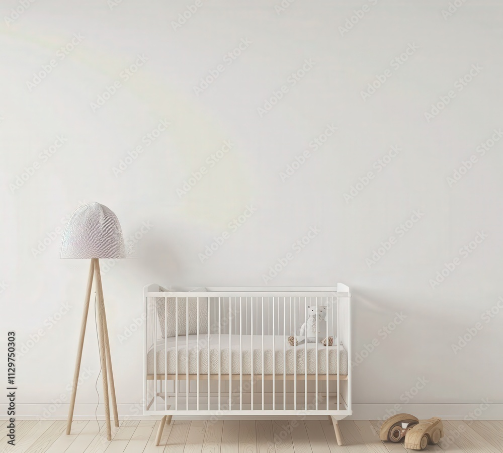 A white crib with wooden legs in a minimalist nursery with a white floor lamp and wooden floor A white crib with wooden legs in a minimalist nursery with a white floor lamp and wooden floor