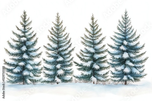 Winter scene shows snow-covered spruce trees. Hand drawn watercolor illustration creates snowy forest landscape. Calm winter day. Trees stand in row. White background. Peaceful nature. Nature art.