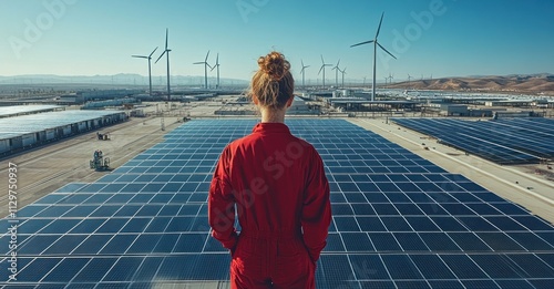 Woman Standing on Solar Panels, Green Energy and Sustainability