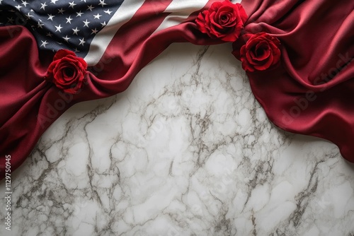 American Flag and Red Roses on Marble Surface
