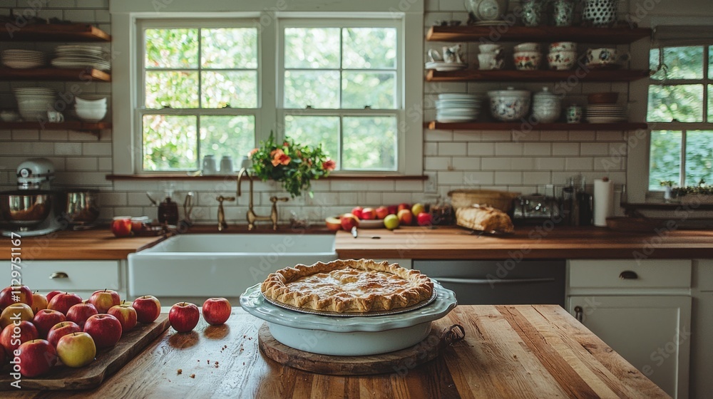Sunlight pours through the windows of a warm farmhouse kitchen. A scrumptious homemade pie sits proudly on the table, surrounded by ripe apples. Fresh flowers add a touch of color