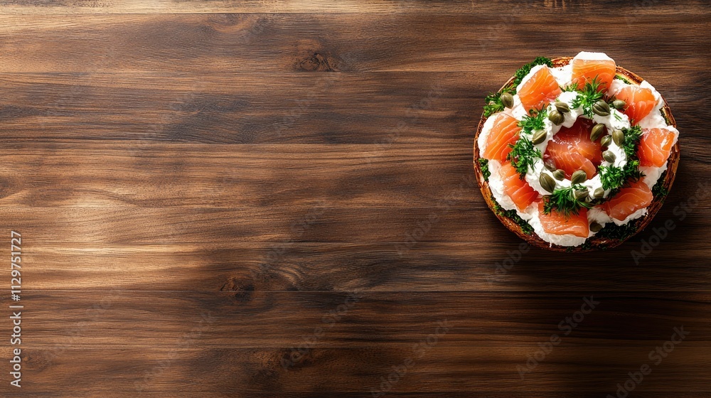 Fresh Salmon Cream Cake with Herbs on Wooden Table Surface Fresh Salmon Cream Cake with Herbs on Wooden Table Surface