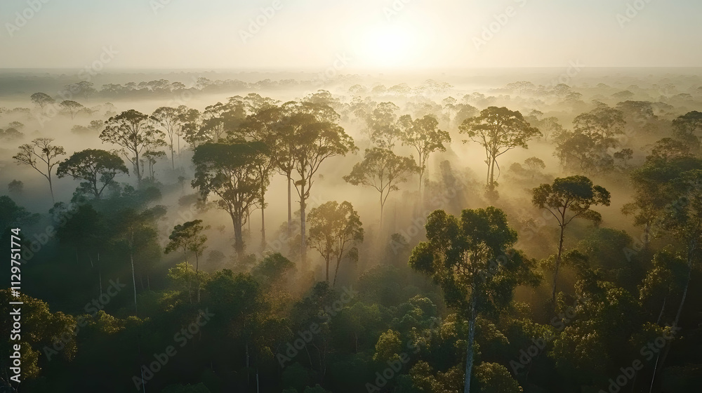 Sunrise over misty rainforest, aerial view. Sunrise over misty rainforest, aerial view.