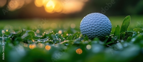 Golf ball on dewy grass at sunrise