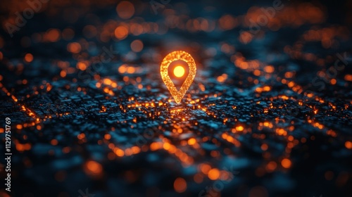 Glowing Location Pin on Abstract Cityscape