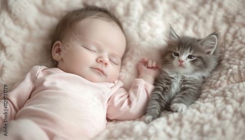 Sleeping Baby and Kitten