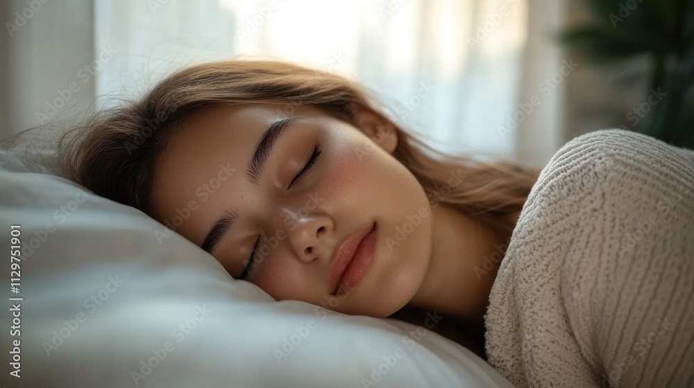 Peaceful Slumber: Woman Sleeping Comfortably in Bed Peaceful Slumber: Woman Sleeping Comfortably in Bed