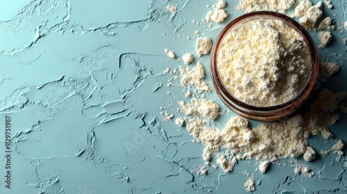 White Powder in a Glass Bowl on Blue Background