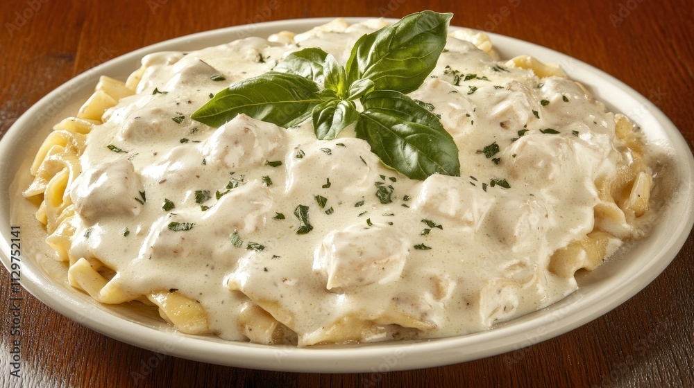 Creamy Pasta Dish with Chicken and Fresh Basil Garnish Creamy Pasta Dish with Chicken and Fresh Basil Garnish