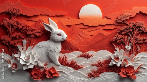 Papercut Landscape with White Rabbit