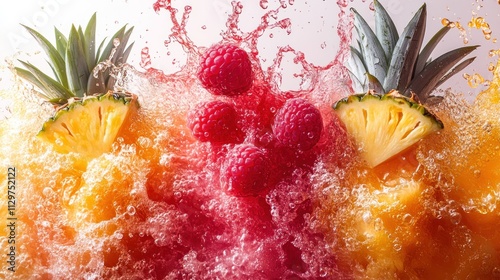 Pineapple and Raspberries Splashing in Juice