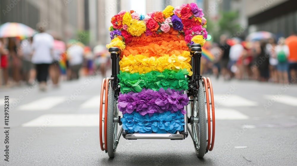 Obraz premium A colorful, flower-decorated wheelchair showcases pride in a vibrant parade, symbolizing inclusivity and celebration of diversity. LGBTQ community concept