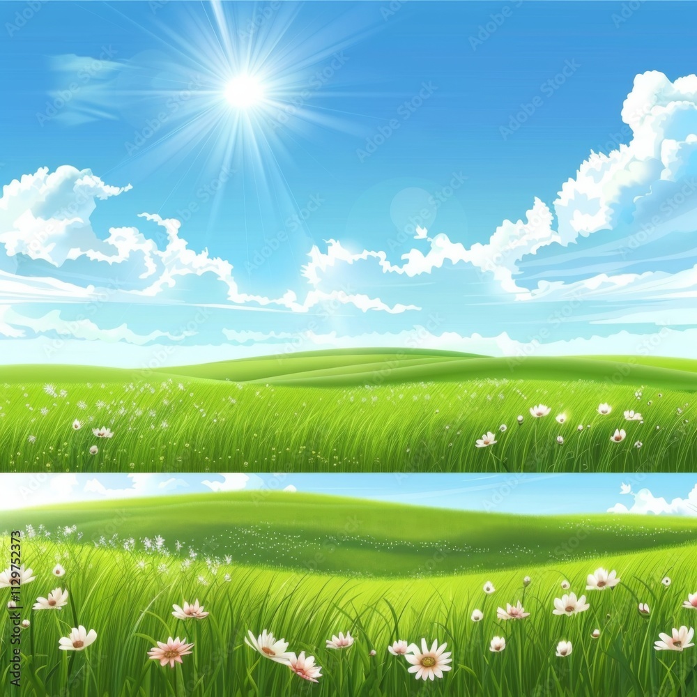 Fototapeta premium Bright sunlight illuminates lush green grass in a refreshing spring landscape. Delicate flowers dot the scene under a clear blue sky with wispy clouds creating a peaceful atmosphere.