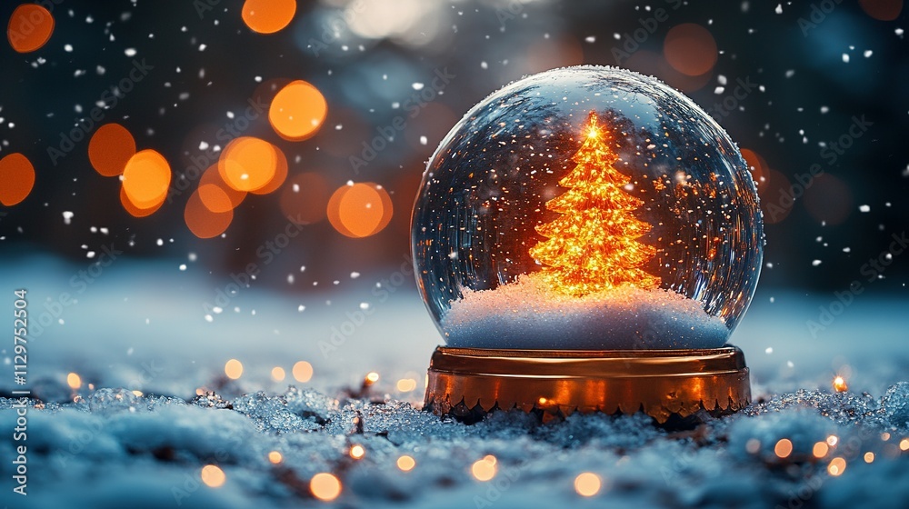Christmas Scene in Eve Night with Snowfall and Abstract Blue Background