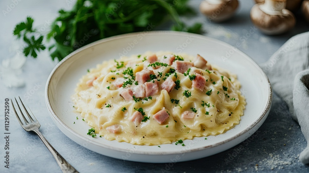 Creamy Pasta Dish with Ham and Fresh Herbs on a Rustic Table Creamy Pasta Dish with Ham and Fresh Herbs on a Rustic Table